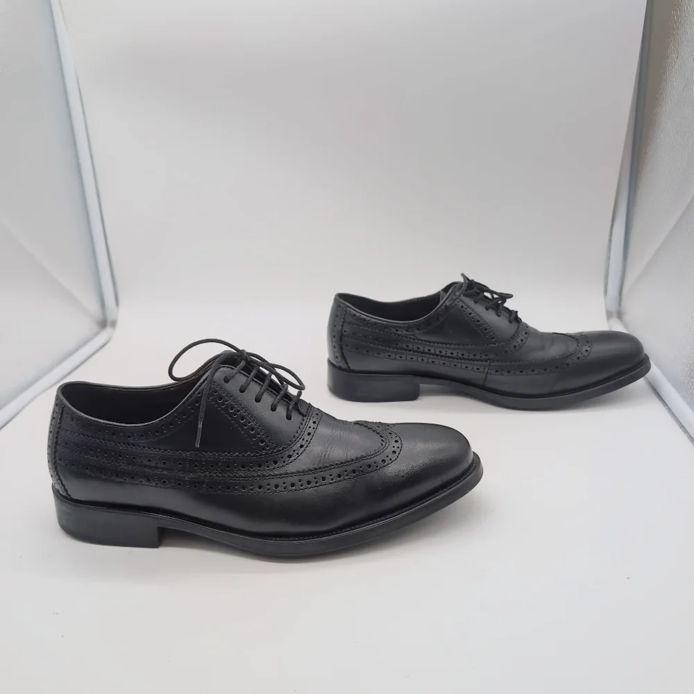 Johnston And Murphy Sz 9.5 Black Sheepskin Leather Duvall Oxford Wingtip Shoes